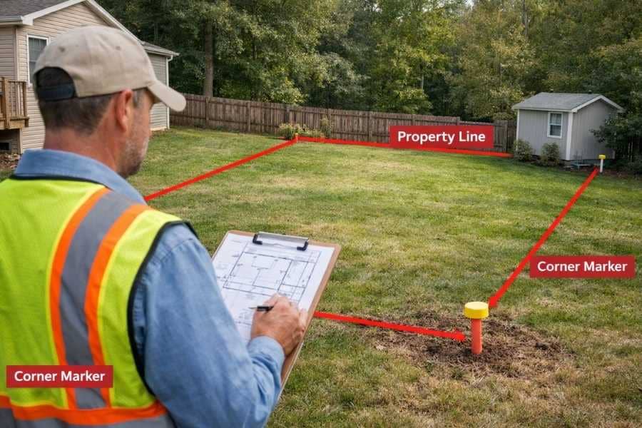 Land surveyor reviewing property boundaries and corner markers during a residential property survey