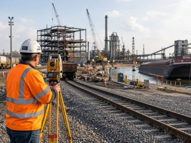 Surveyor performing construction layout near active railroad tracks and a barge dock at an industrial building site.