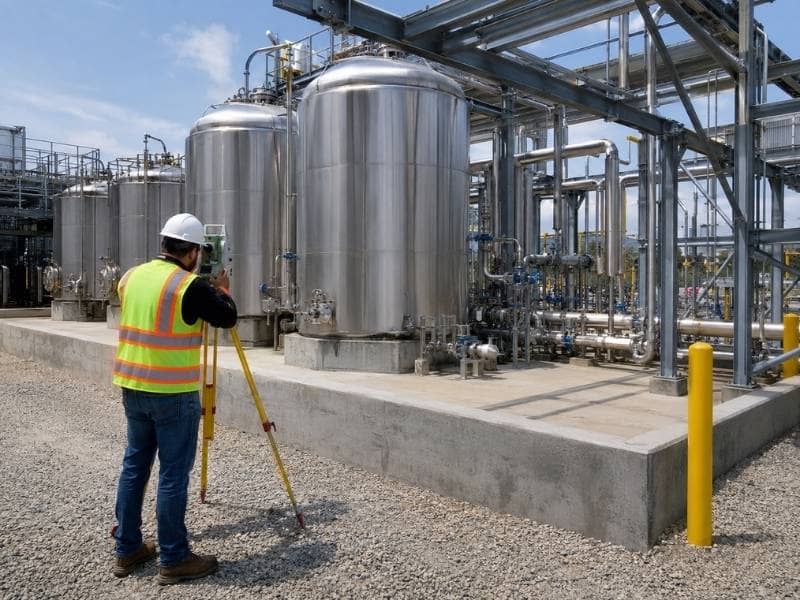 Surveyor documenting installed tanks, concrete equipment pads, and process piping inside an active manufacturing facility.