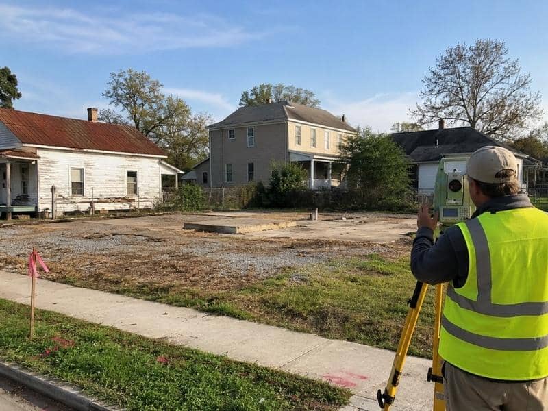 Land surveying an older parcel for infill housing development in Decatur Alabama